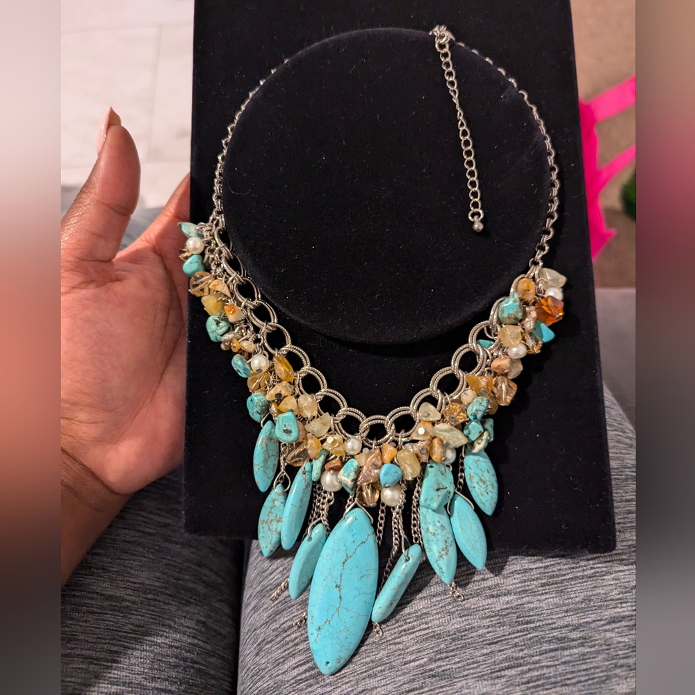 Turquoise and Crystal medley Fringe necklace